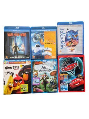 Lot of 6 Blu-ray + DVD Cars 2, Aladdin, Angry Birds, Wall E, Alice in Wonderland